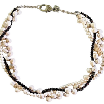 Freshwater pearl necklace is twisted with dark purple crystals and hematite disks
