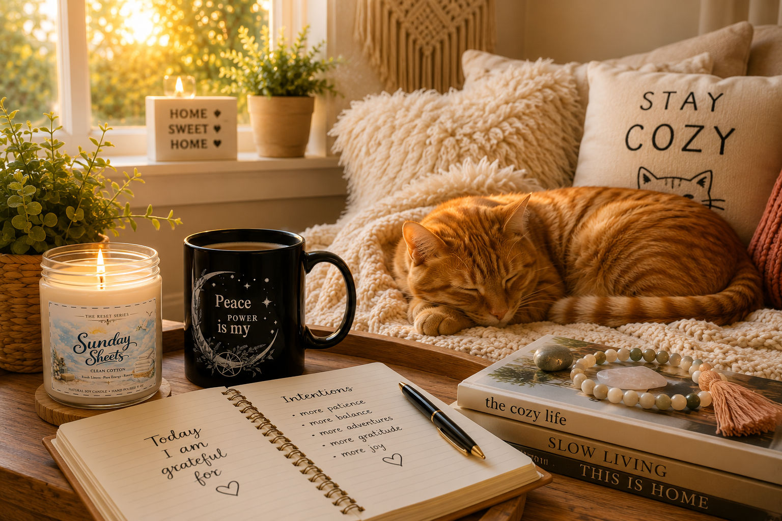 Cozy staycation retreat featuring candles, journals, soft blankets, coffee, and relaxing home décor designed to create a peaceful self-care space.