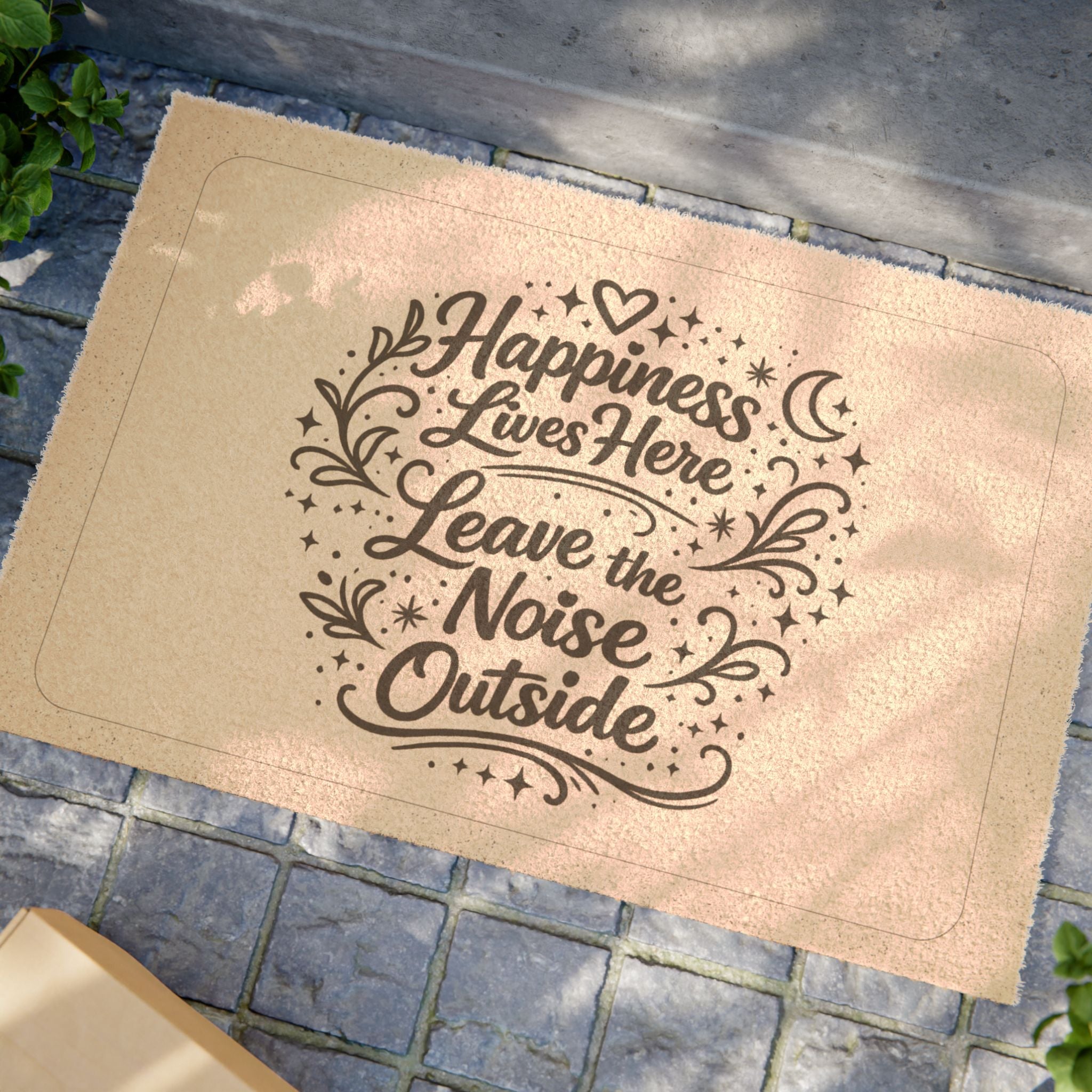 Doormat — "Happiness Lives Here, Leave the Noise Outside" Decorative Welcome Mat