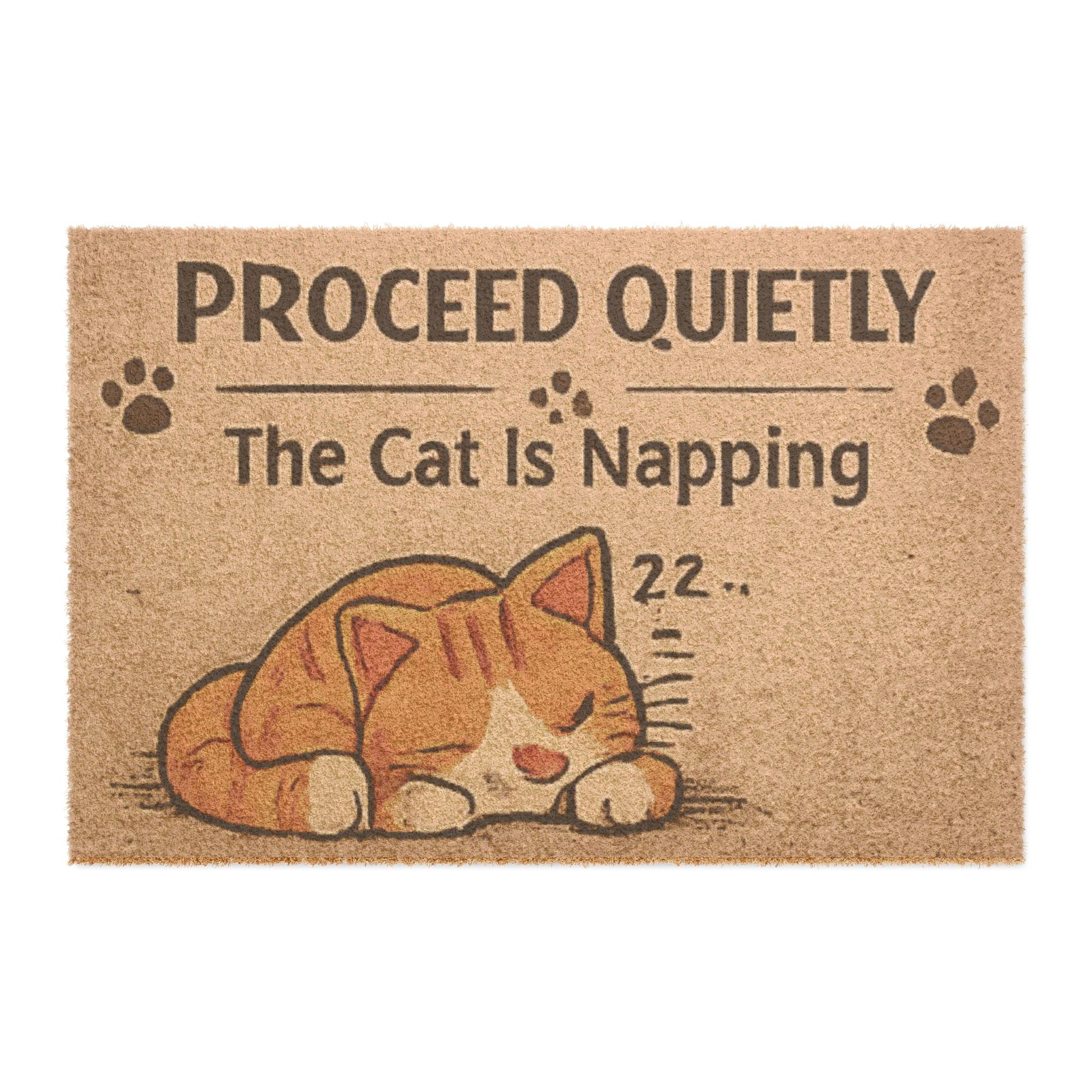 Doormat — "Proceed Quietly, The Cat Is Napping" Cute Sleeping Cat Welcome Mat