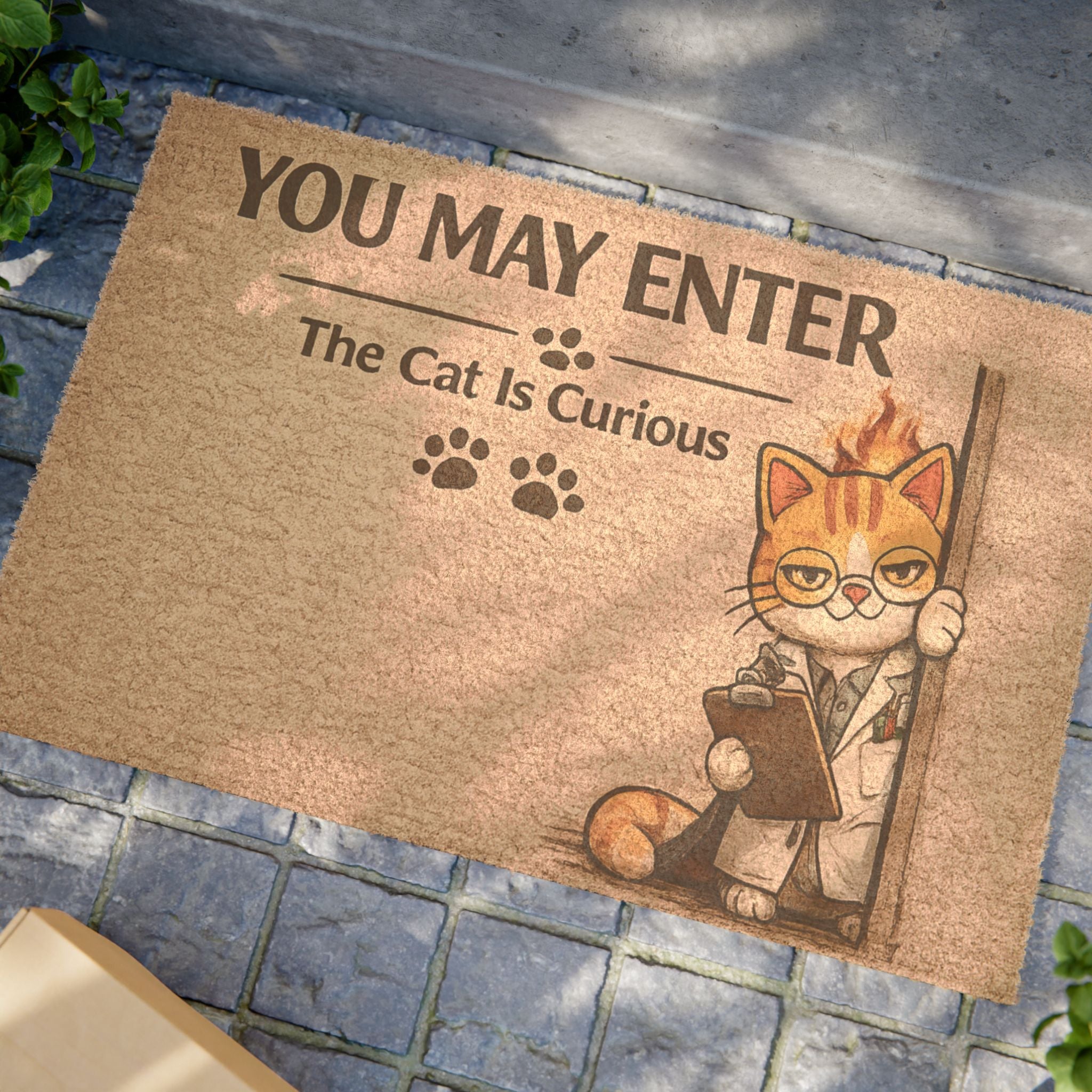 Doormat — "You May Enter: The Cat Is Curious" Funny Cat Welcome Mat