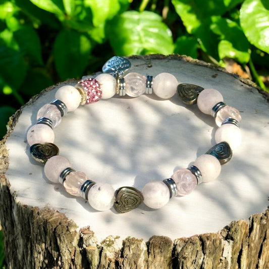 Rose Quartz Cabbage Rose Bracelet with Glass Beads and Hematite