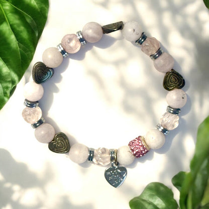 Rose Quartz Cabbage Rose Bracelet with Glass Beads and Hematite