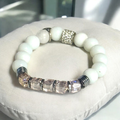 Snow Jade, Square Crystal, and Hematite Bracelet – “Made With Love” Embellishment