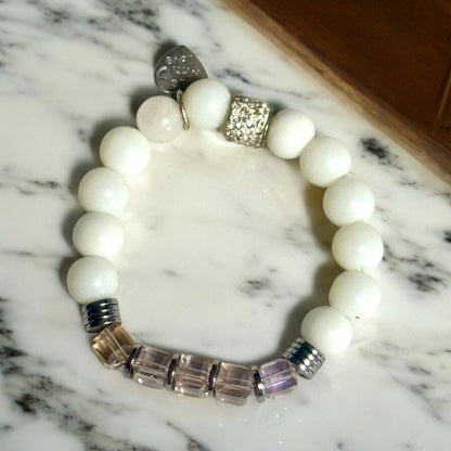 Snow Jade, Square Crystal, and Hematite Bracelet – “Made With Love” Embellishment