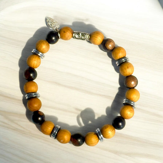 Tiger Ebony Mala, Fragrant Thuja Sutchuenensis Mala and Hematite Stretch Bracelet – Natural Elegance