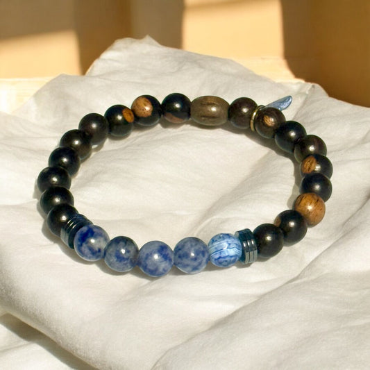 Tiger Ebony Wood and Sodalite Stretch Bracelet – Handmade with Love