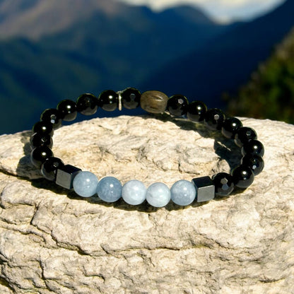 Angelite, Black Tourmaline, and Hematite Cube Stretch Bracelet – Everyday Elegance