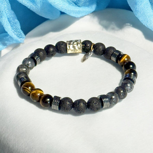 Lava Stone, Black Larvikite, Hematite, and Golden Tiger Eye Stretch Bracelet – Symbol of Resilience