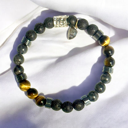 Lava Stone, Black Larvikite, Hematite, and Golden Tiger Eye Stretch Bracelet – Symbol of Resilience