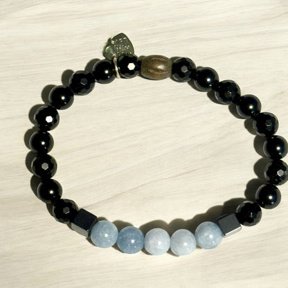 Angelite, Black Tourmaline, and Hematite Cube Stretch Bracelet – Everyday Elegance