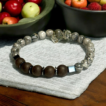 Labradorite, Hematite, and Ebony Blackwood Stretch Bracelet – Timeless Elegance