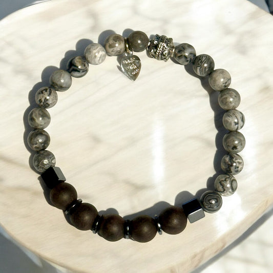 Labradorite, Hematite, and Ebony Blackwood Stretch Bracelet – Timeless Elegance