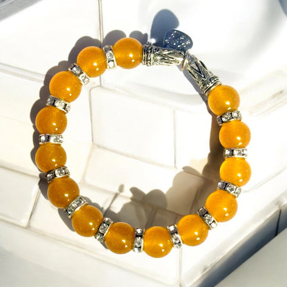 Orange Jade Bracelet with Rhinestone Spacers– Playful Elegance