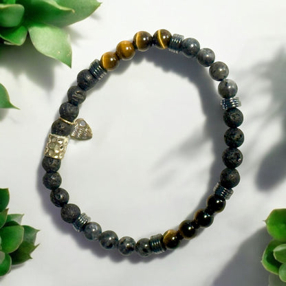 Lava Stone, Black Larvikite, Hematite, and Golden Tiger Eye Stretch Bracelet – Symbol of Resilience