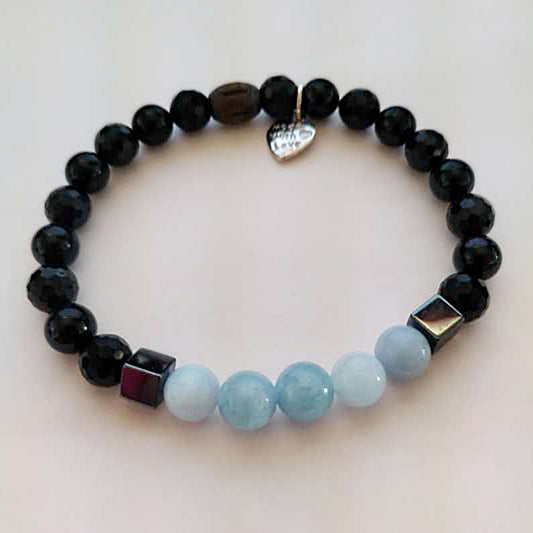 Stretch Bracelet | Angelite with Black Tourmaline and Hematite Cubes