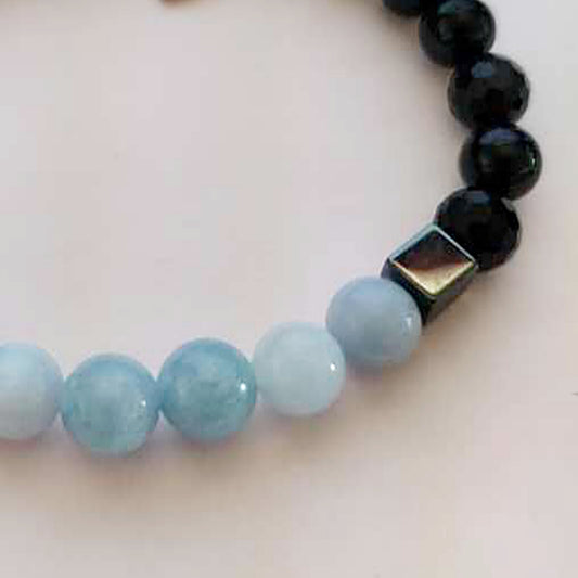 Stretch Bracelet | Angelite with Black Tourmaline and Hematite Cubes