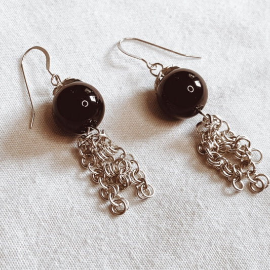 Chain Maille Earrings | Black Glass Beads