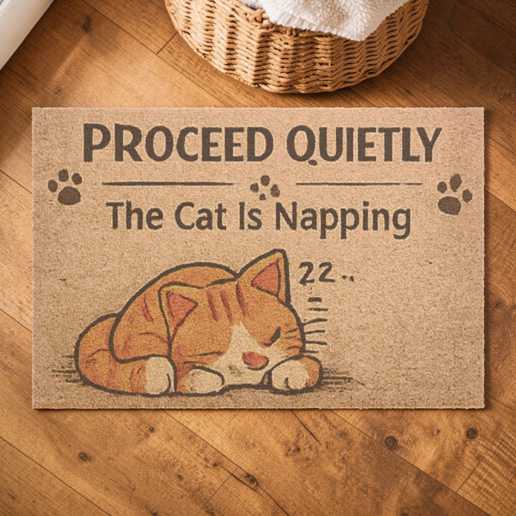 Doormat — "Proceed Quietly, The Cat Is Napping" Cute Sleeping Cat Welcome Mat