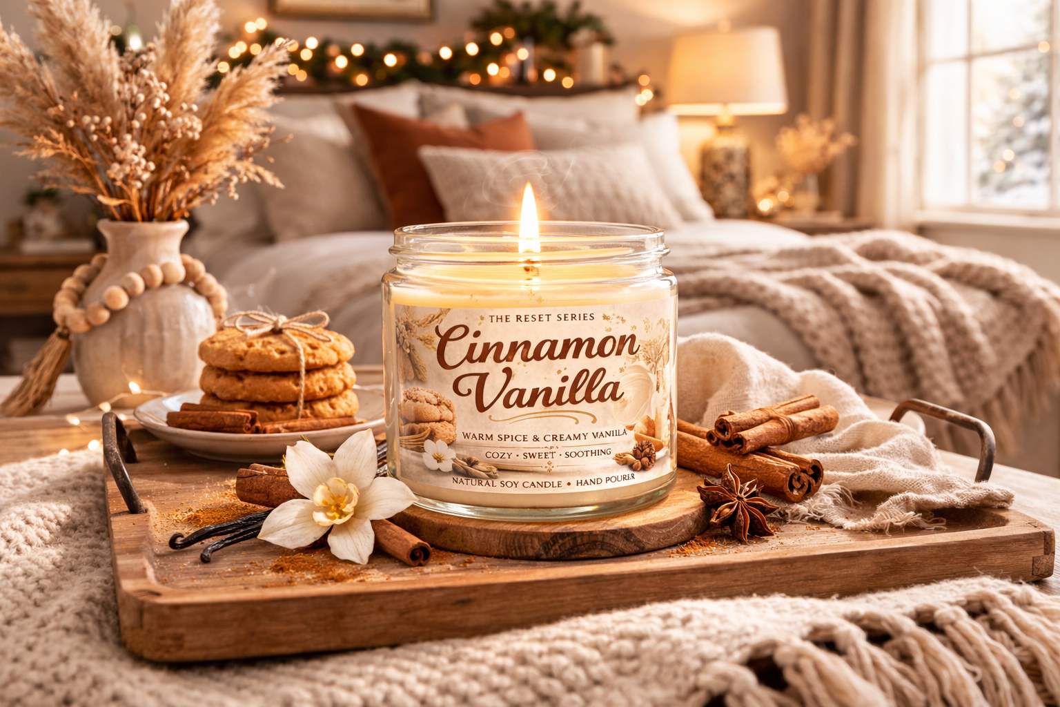 Cinnamon Vanilla Scented Soy Candle — 9oz Cozy Spice & Creamy Vanilla Jar