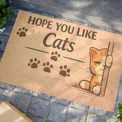 Close-up angled view of “Hope You Like Cats” doormat showing detailed design, perfect for playful home decor.