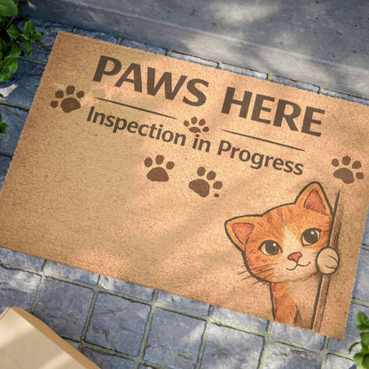 Funny “Inspection in Progress” cat doormat featuring a playful design, perfect for cat lovers who know their pet runs quality control.