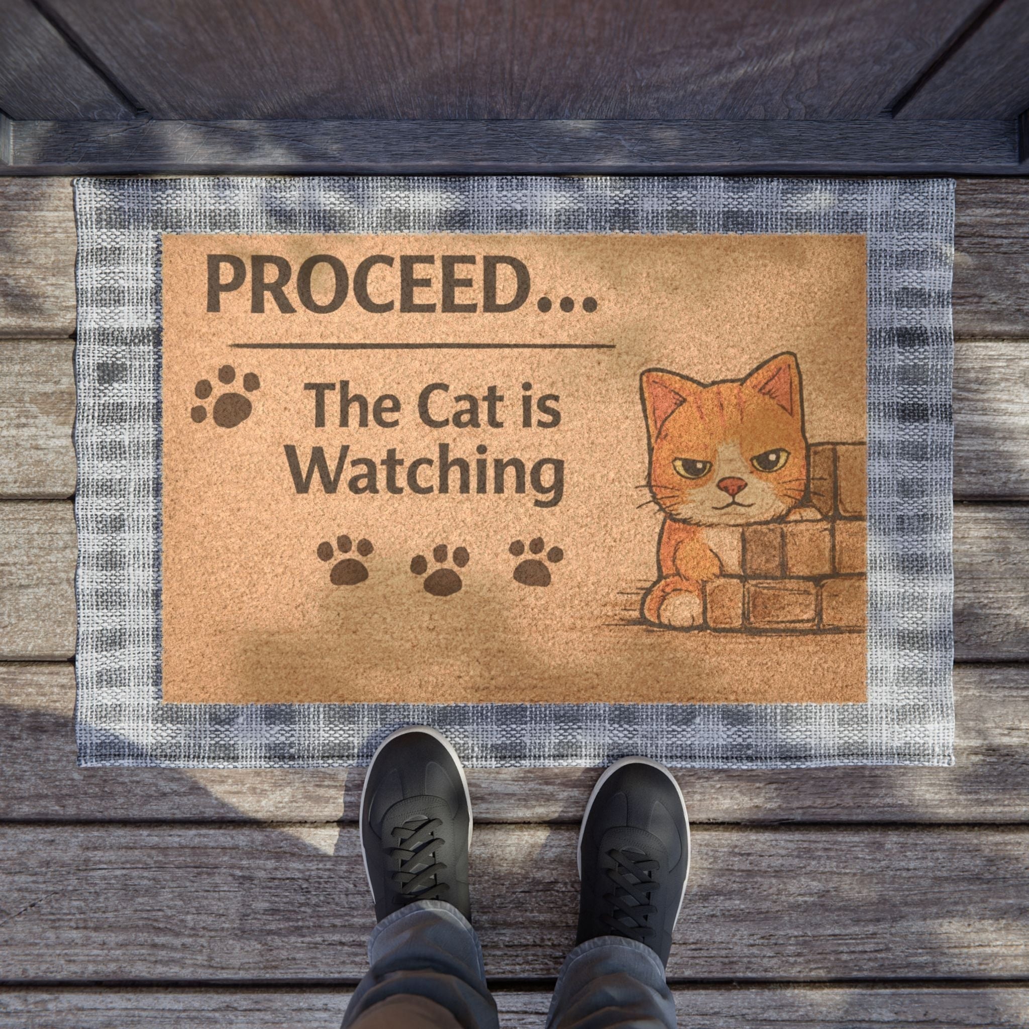 Funny cat doormat with “Proceed, The Cat Is Watching” message, perfect for cat lovers who know their pet is always observing.