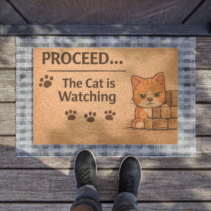 Funny cat doormat with “Proceed, The Cat Is Watching” message, perfect for cat lovers who know their pet is always observing.