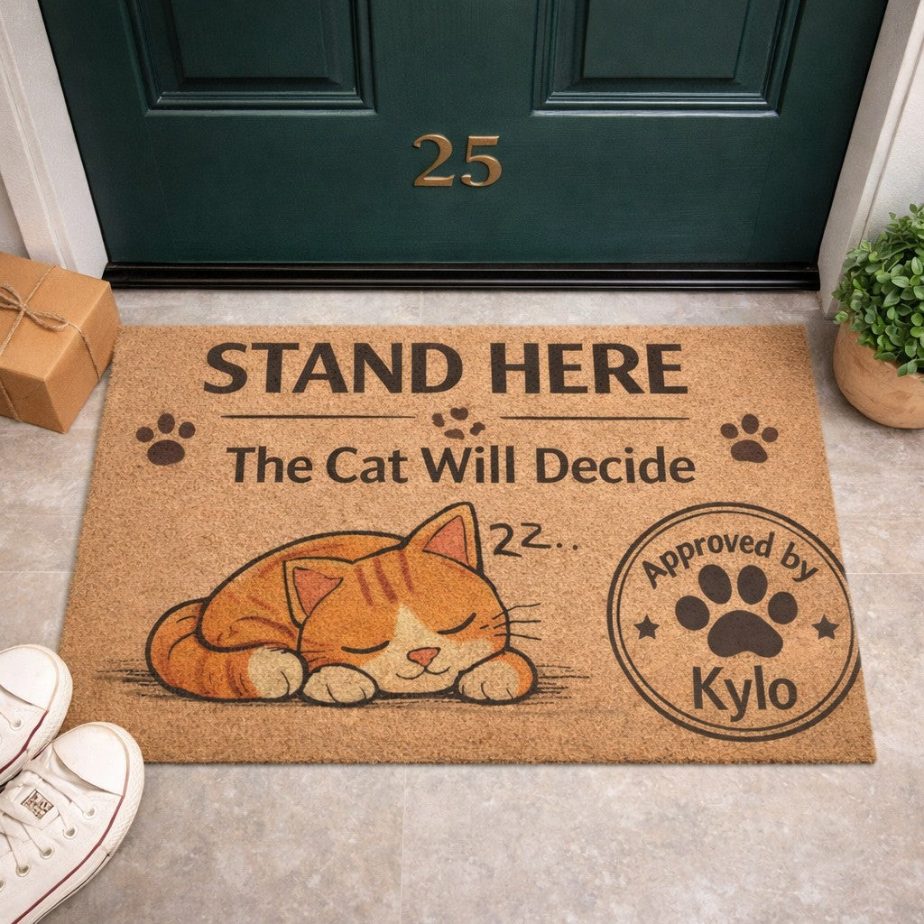 Funny cat doormat with “Stand Here, The Cat Will Decide” message, perfect for cat lovers who know their pet is in charge.