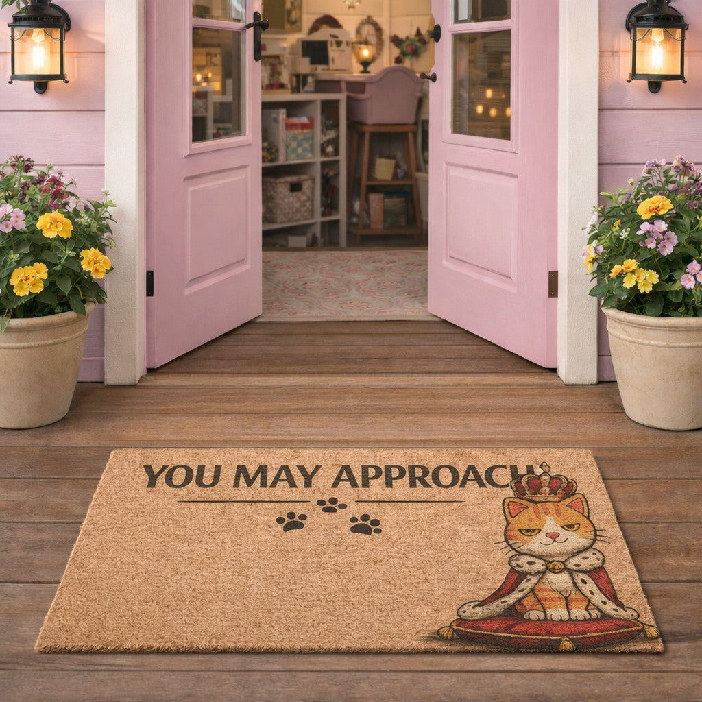 Humorous “You May Approach” cat doormat featuring a regal kitty design, perfect for cat lovers who appreciate a little sass at the front door.