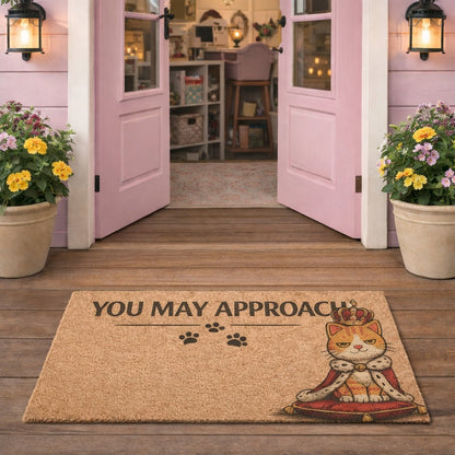 Humorous “You May Approach” cat doormat featuring a regal kitty design, perfect for cat lovers who appreciate a little sass at the front door.