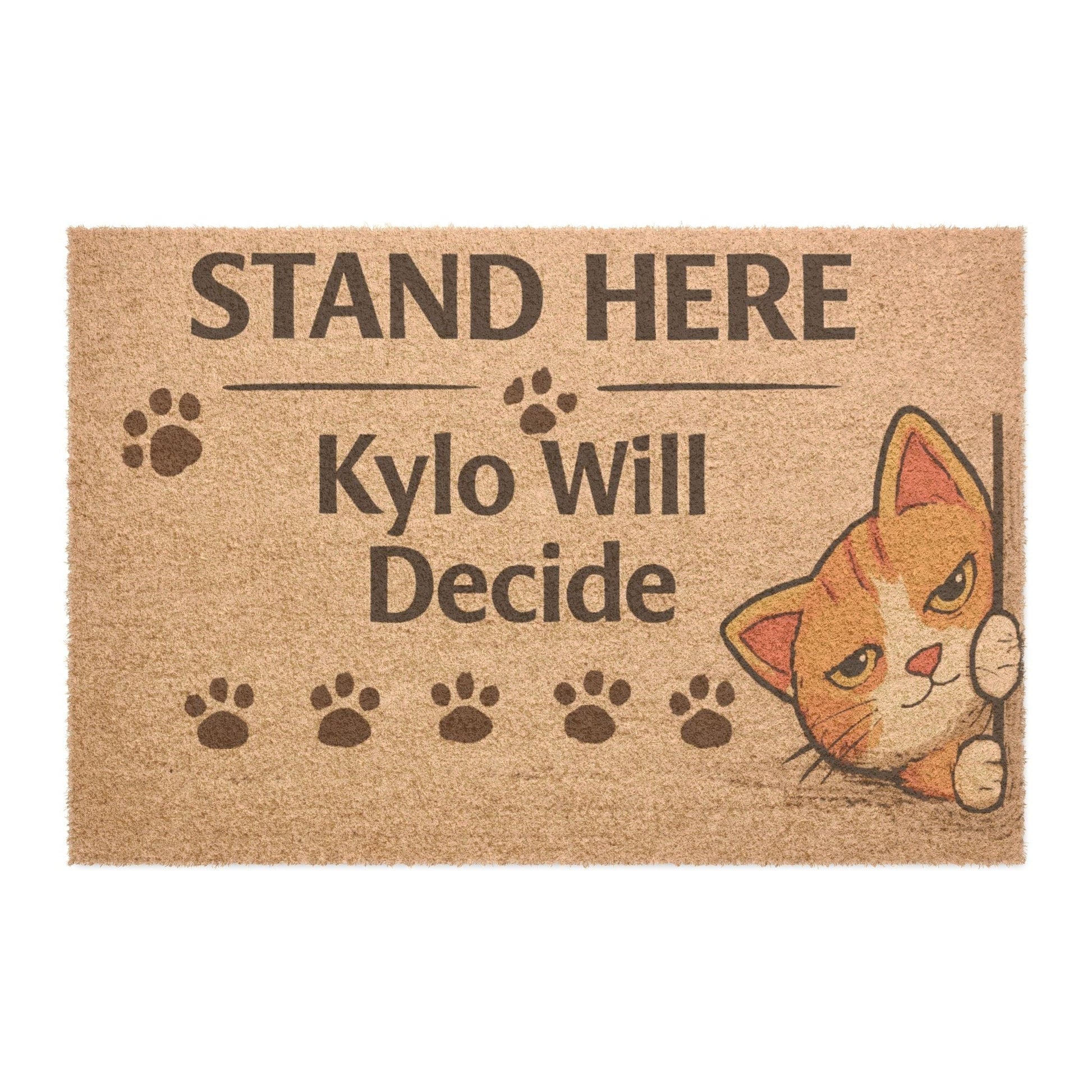 Funny personalized cat doormat featuring “Stand Here, Kylo Will Decide,” perfect for front doors and guaranteed to make guests smile.