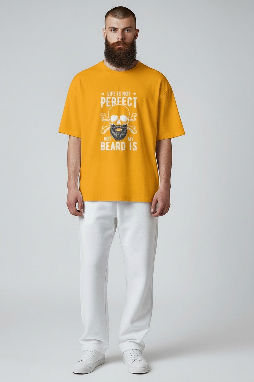 Man wearing gold beard humor t-shirt, a bright and playful outfit.