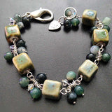 Wire Wrapped Bracelet | Green Porcelain and Green Moss Agate