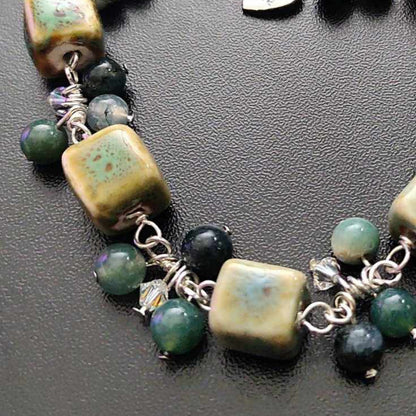 Silver-Plated Chainmaille Bracelet with Moss Agate and Green Porcelain Beads