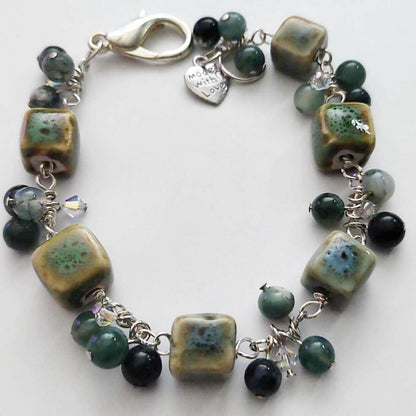 Silver-Plated Chainmaille Bracelet with Moss Agate and Green Porcelain Beads