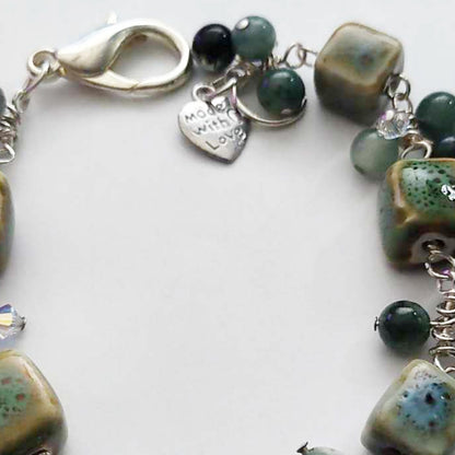 Silver-Plated Chainmaille Bracelet with Moss Agate and Green Porcelain Beads