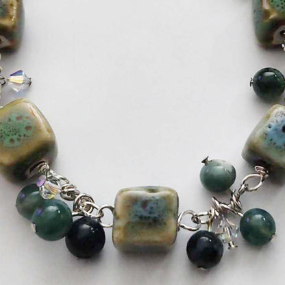 Silver-Plated Chainmaille Bracelet with Moss Agate and Green Porcelain Beads