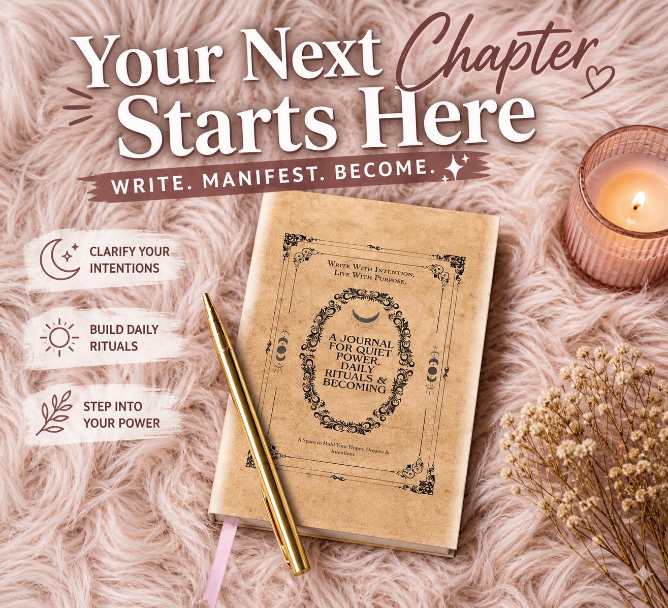Guided manifestation journal with vintage-style cover and pen placed on soft pink textured blanket, cozy self-care journaling setup.