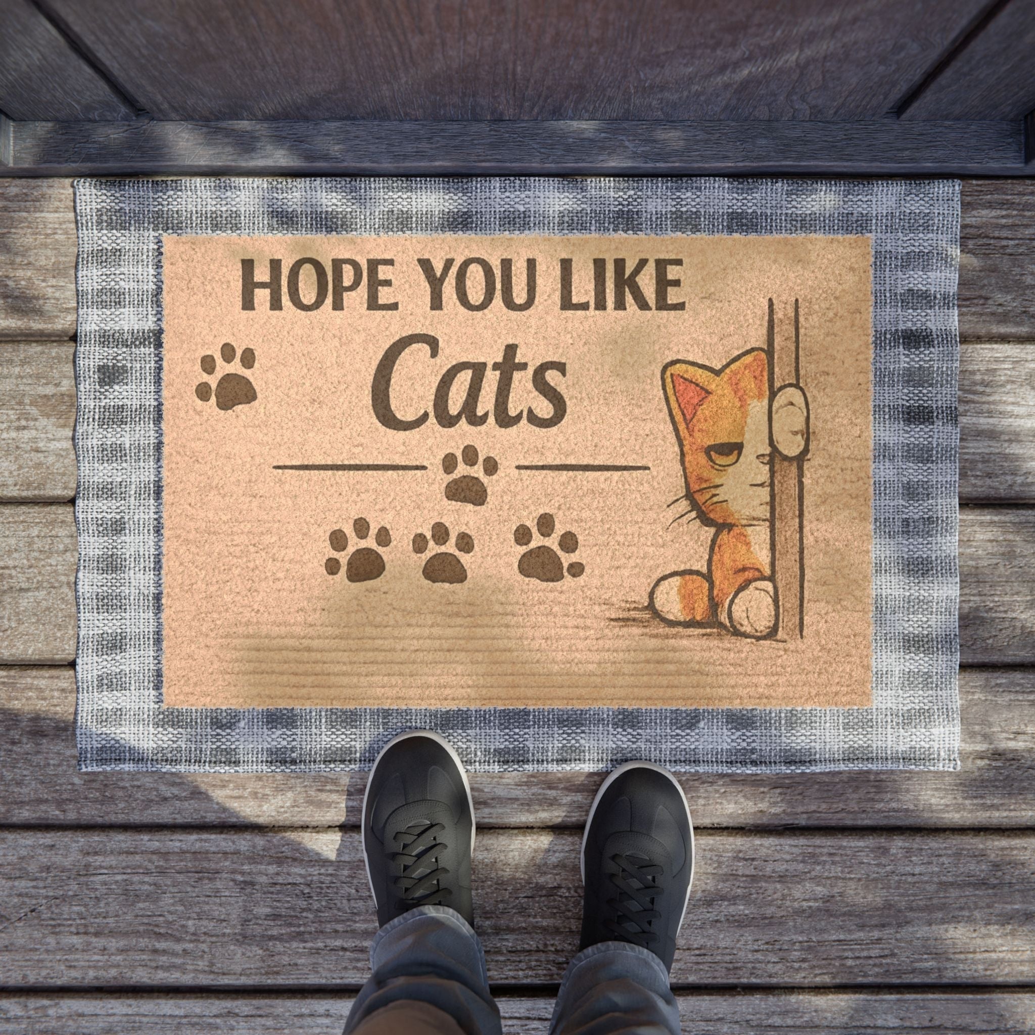 Funny “Hope You Like Cats” doormat shown at a front door with shoes, perfect for cat lovers and welcoming guests with humor.