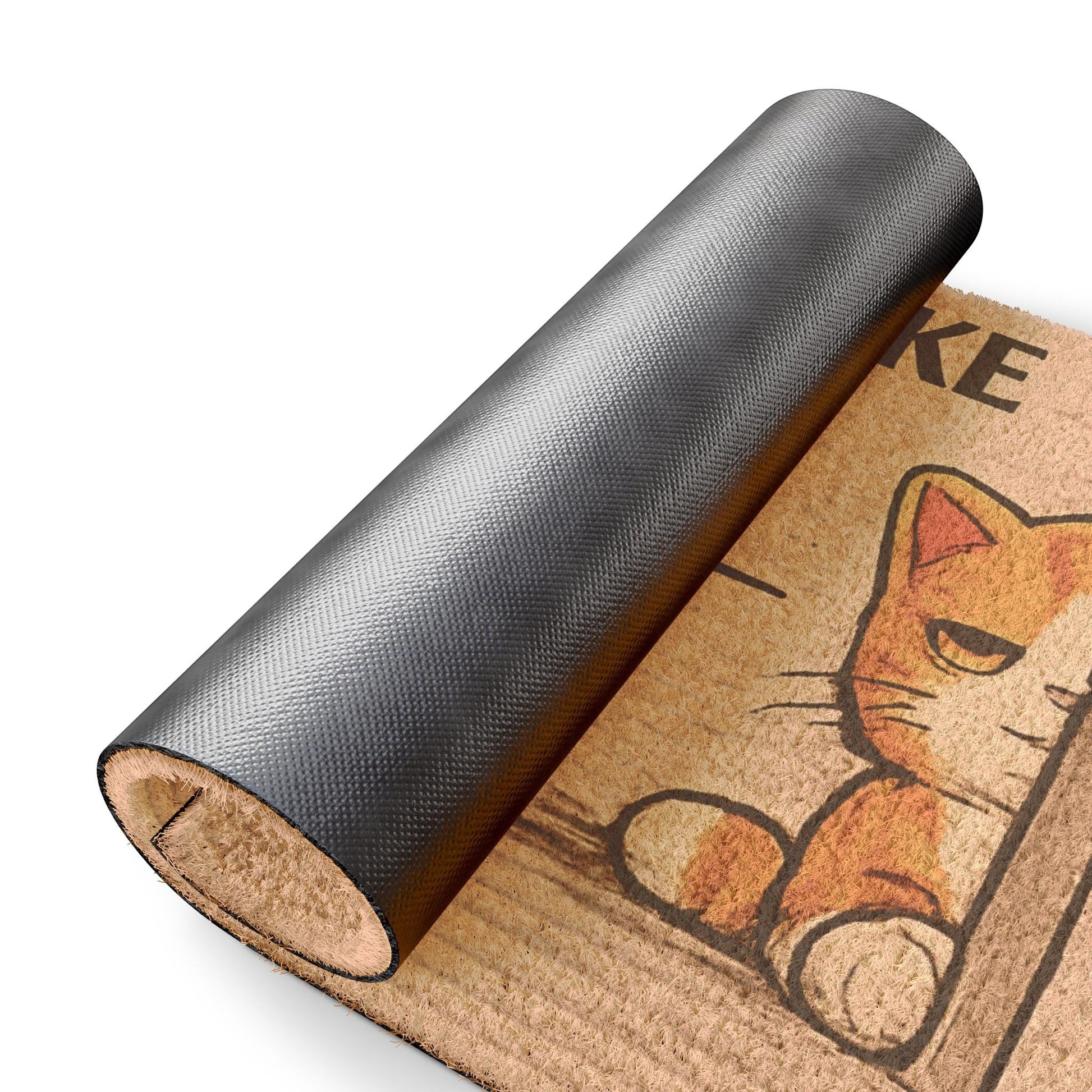 Close-up of “Hope You Like Cats” doormat showing rolled design and non-slip backing, highlighting quality and durability.