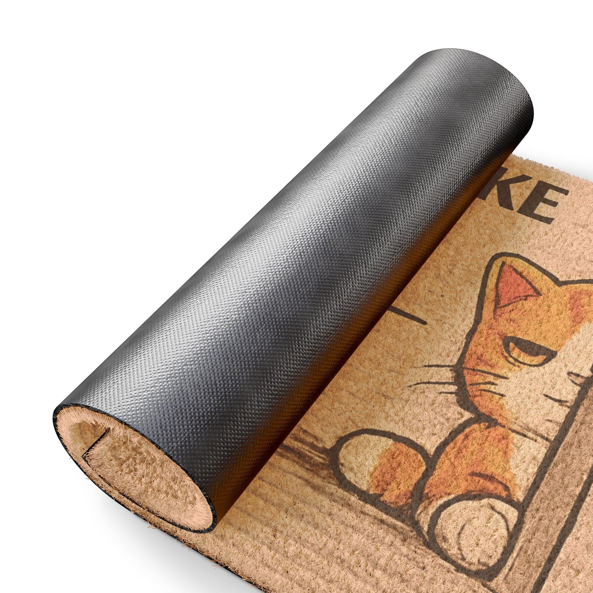 Close-up of “Hope You Like Cats” doormat showing rolled design and non-slip backing, highlighting quality and durability.