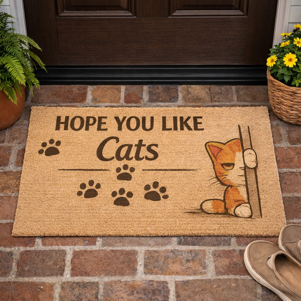 Cat-themed welcome mat displayed at a front door entryway, ideal for outdoor use and perfect for cat-loving homes.
