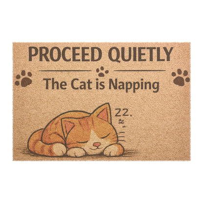 Humorous and stylish cat welcome mat with a watchful cat message, ideal for front doors and playful home decor.