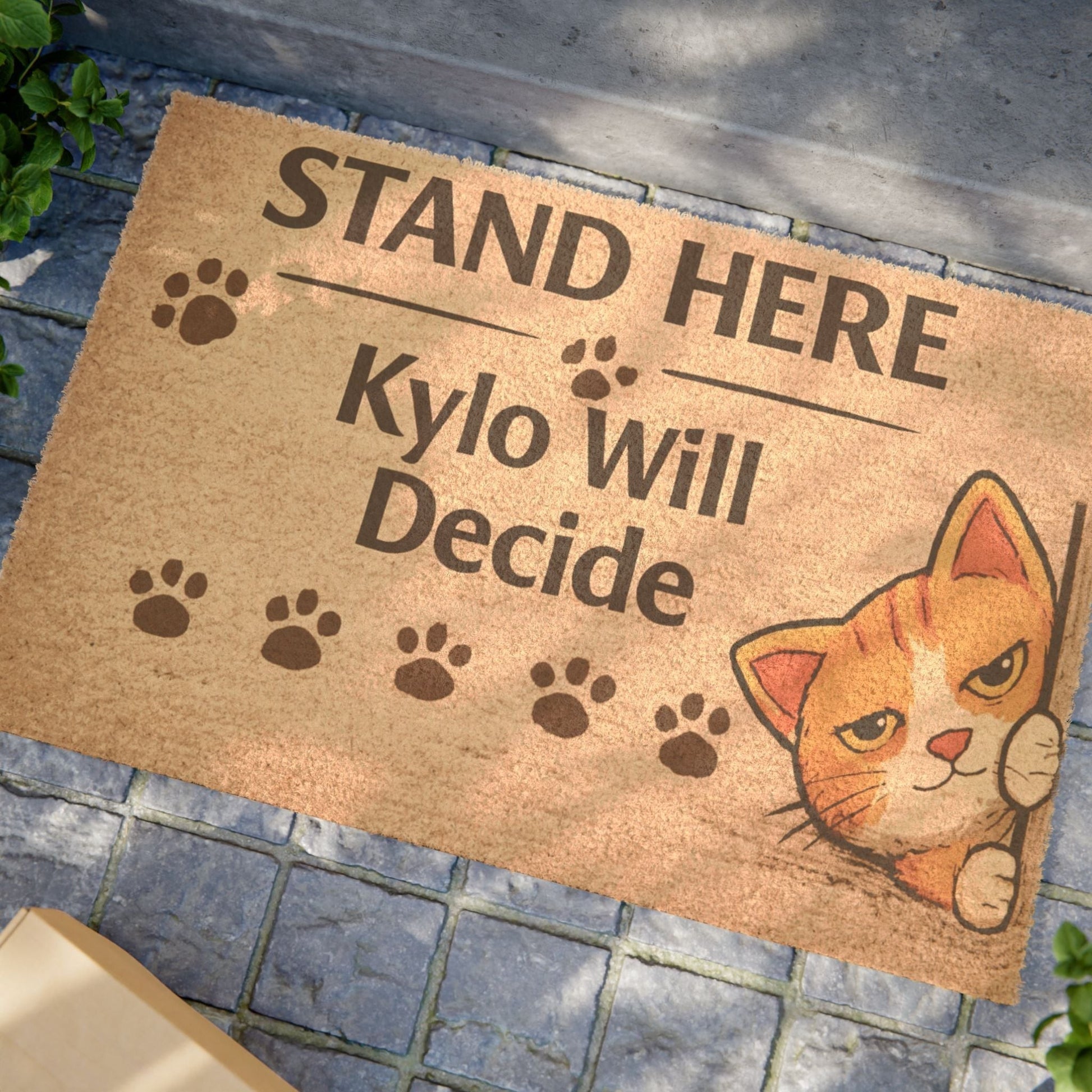 Humorous cat-themed entryway rug with a bold “Kylo Will Decide” message, bringing fun and character to your home decor.