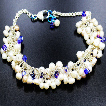 Freshwater Pearls, Dark Blue Crystals on a Silver-Plated Chainmaille