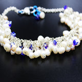 Freshwater Pearls, Dark Blue Crystals on a Silver-Plated Chainmaille