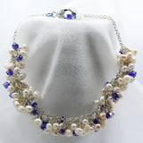 Freshwater Pearls, Dark Blue Crystals on a Silver-Plated Chainmaille