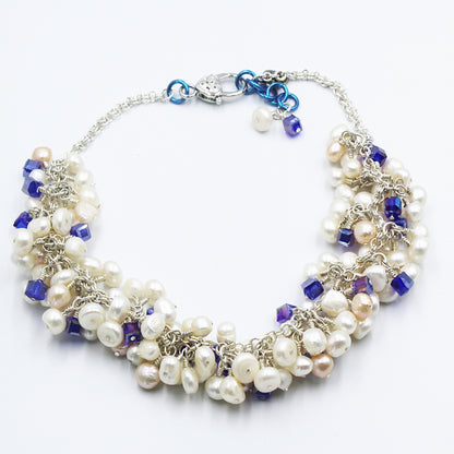 Freshwater Pearls, Dark Blue Crystals on a Silver-Plated Chainmaille