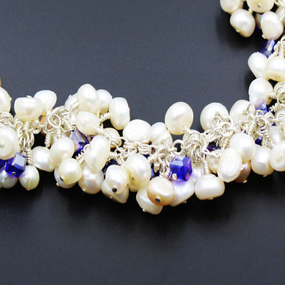 Freshwater Pearl and Dark Blue Crystal Necklace with Silver-Plated Chainmaille – Bridal Elegance